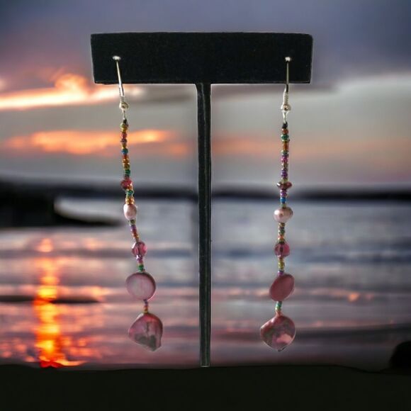 Metallic Shell Graduated Dangle Earrings‎ Glass Beads Handmade Coastal Beach 90s - Picture 13 of 16